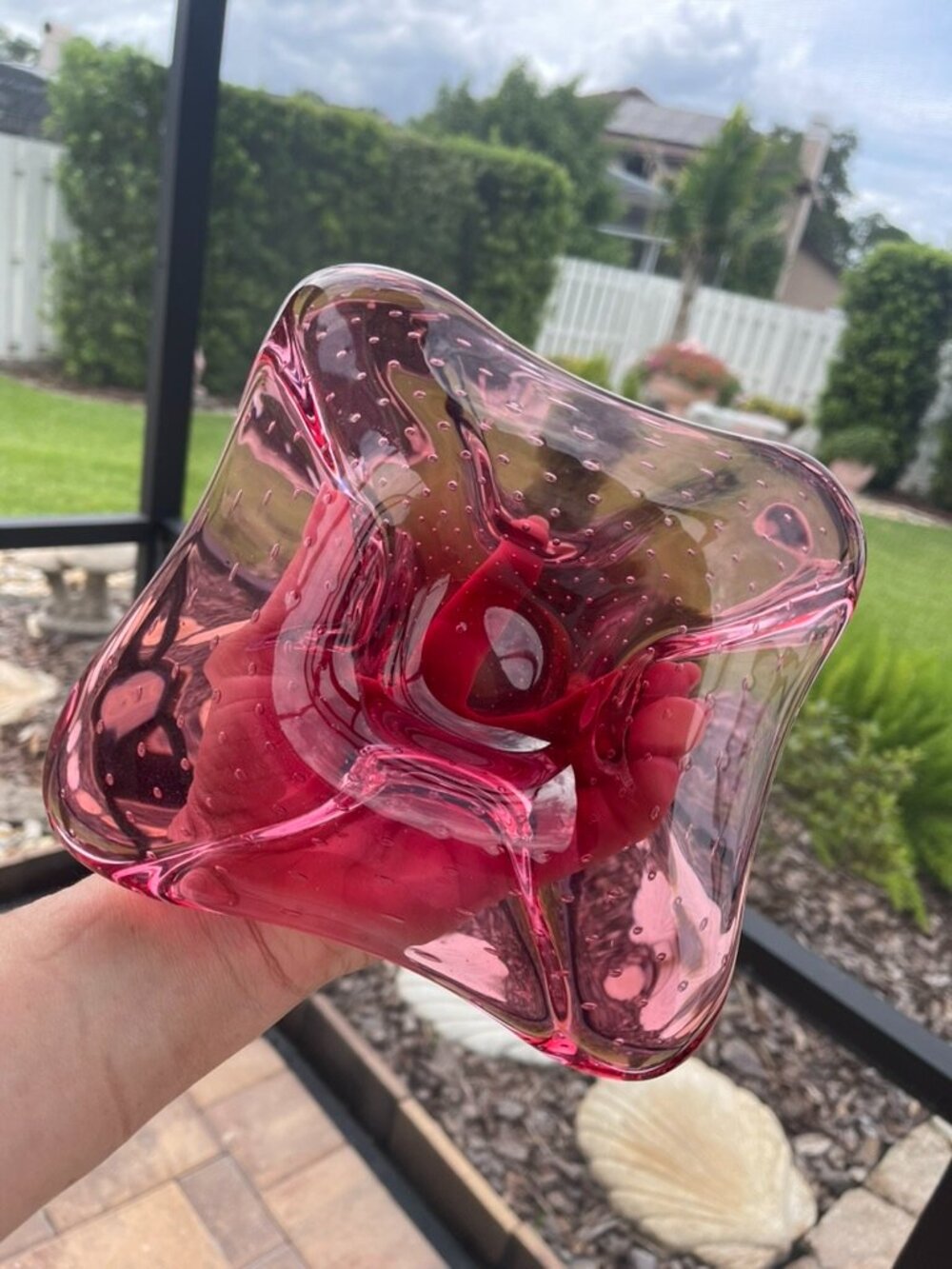 Vintage Cranberry Controlled Bubble Art Glass Bowl Plate 8” - Picture 7 of 8